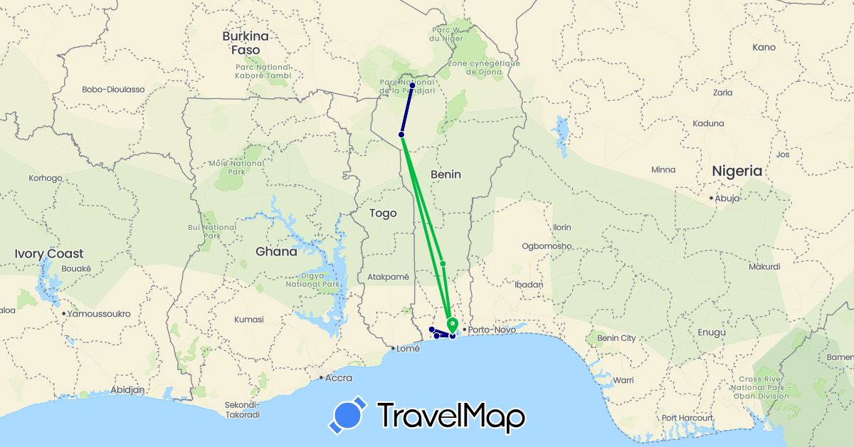 TravelMap itinerary: driving, bus in Benin (Africa)