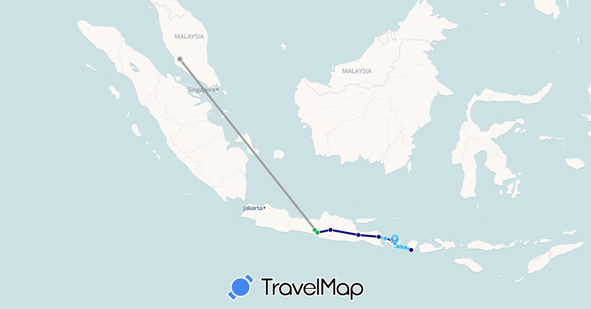 TravelMap itinerary: driving, bus, plane, cycling, hiking, boat in Indonesia, Malaysia (Asia)